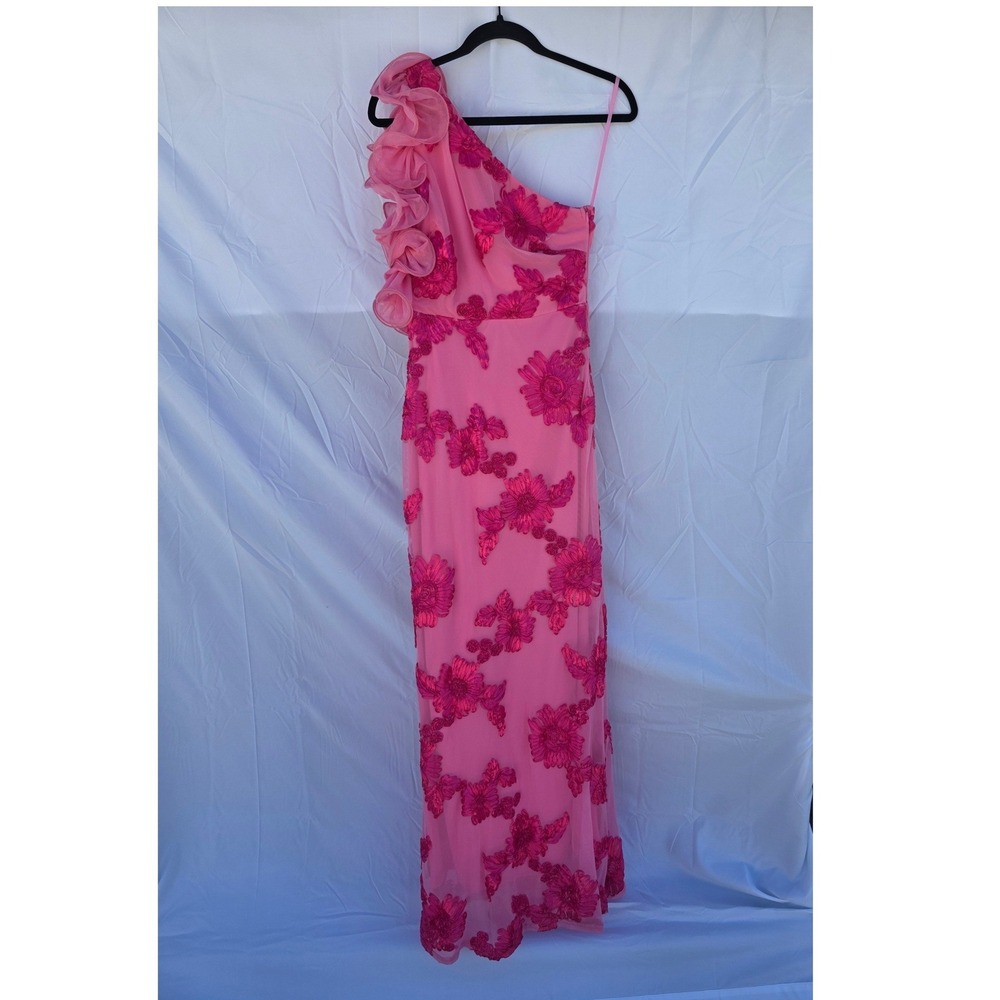 Saints & Secrets Pink Floral Applique One Shoulder Maxi Dress Ruffle Formal M